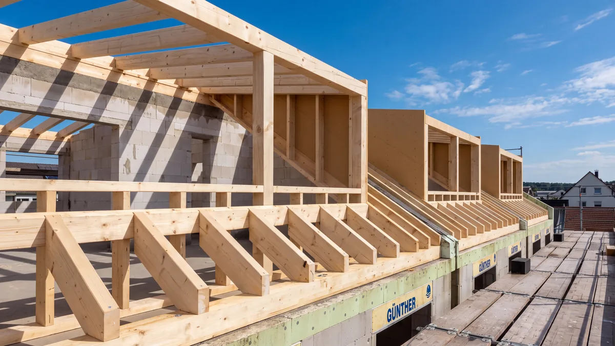 Vorgefertigte Gaubenkonstruktion auf einem Rohbau